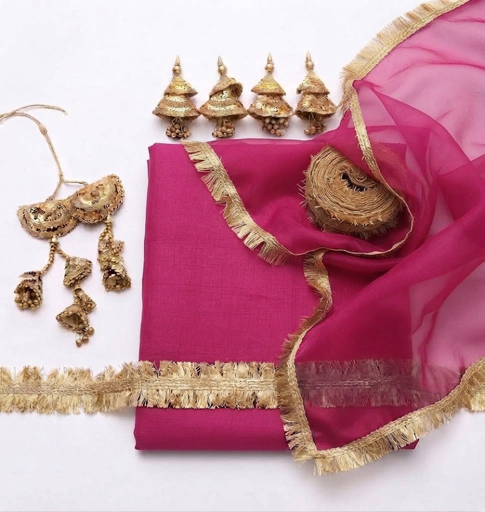 Premium Rawsilk Shirt & Shalwar with premium Orgenza Dupatta Pink