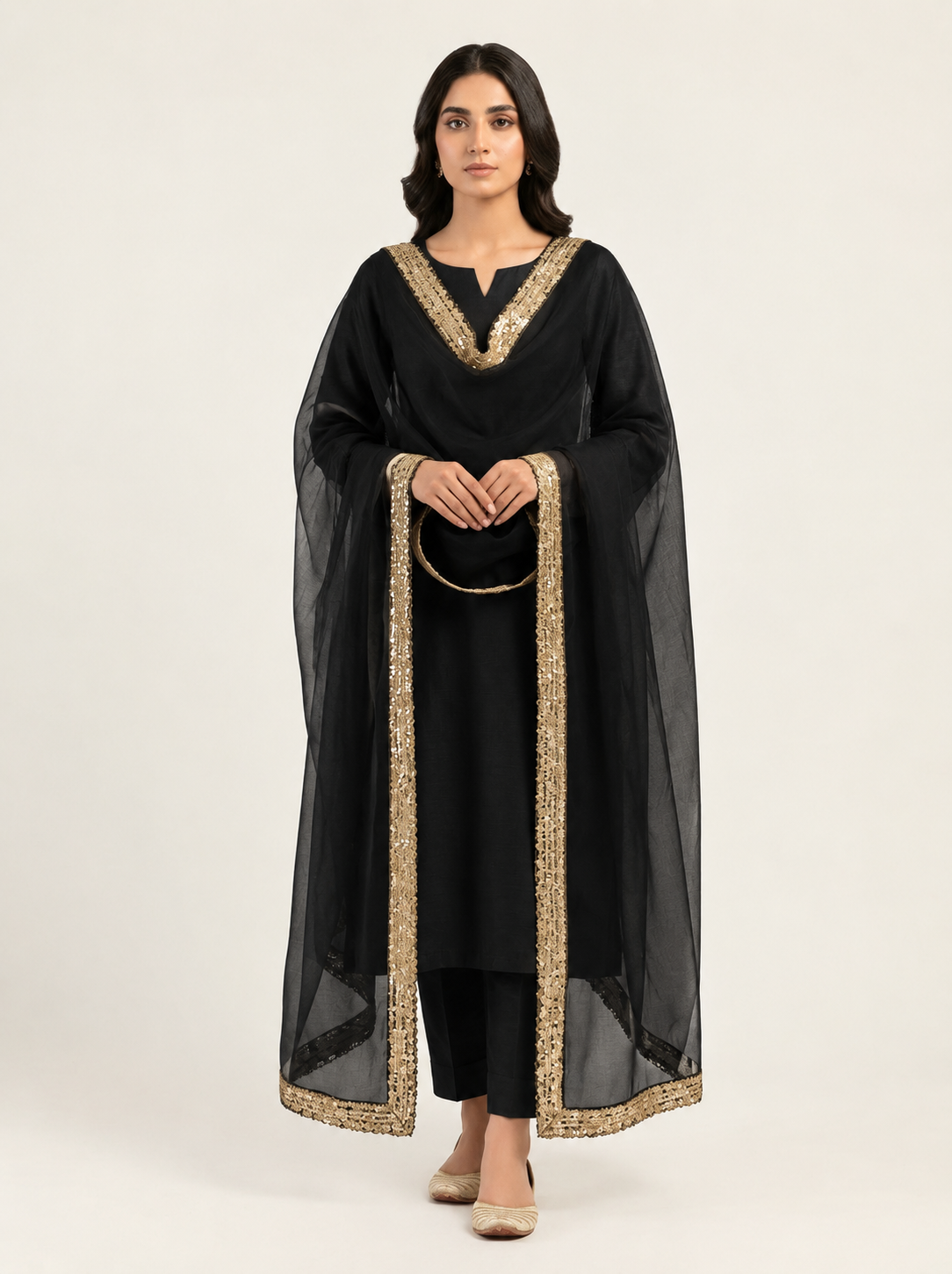 Black Suit + Golden Lace + Chiffon Dupatta