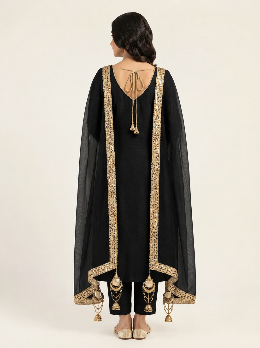 Black Suit + Golden Lace + Chiffon Dupatta
