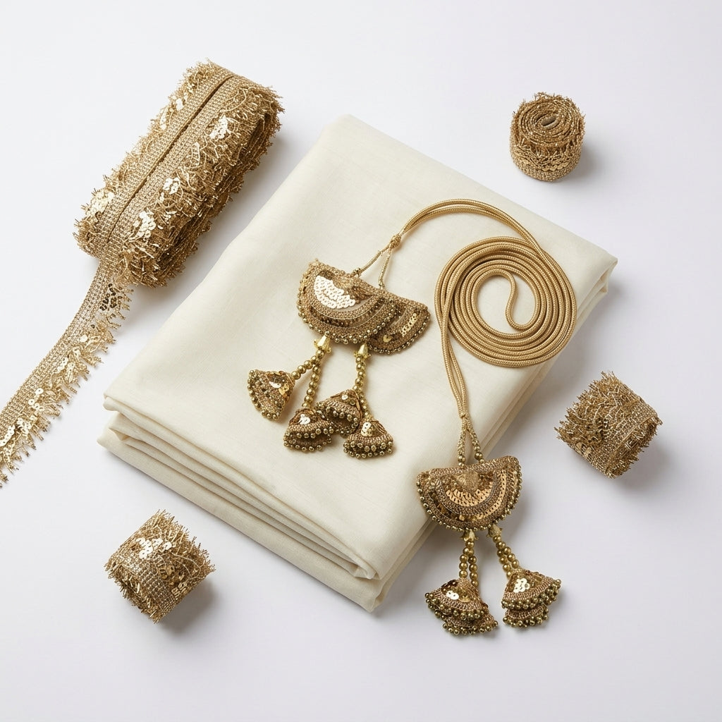 White Golden Suit + Golden Lace + Chiffon Dupatta