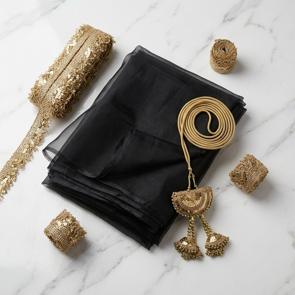 Black Suit + Golden Lace + Chiffon Dupatta
