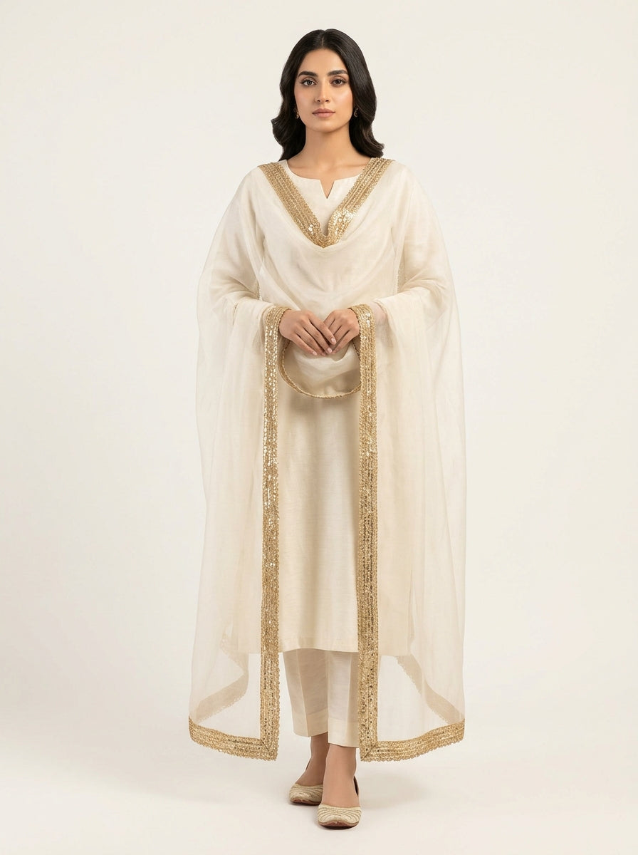 White Golden Suit + Golden Lace + Chiffon Dupatta