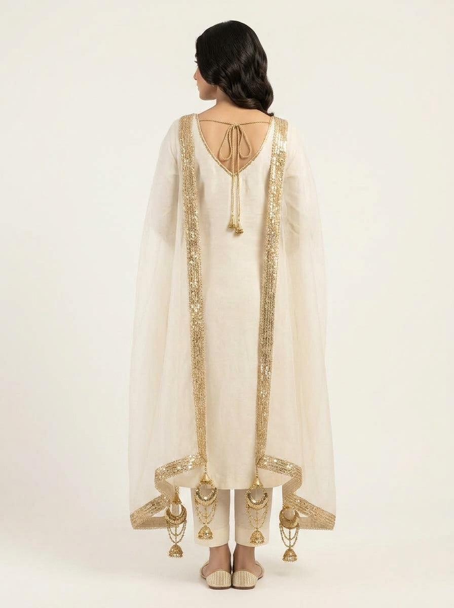 White Golden Suit + Golden Lace + Chiffon Dupatta
