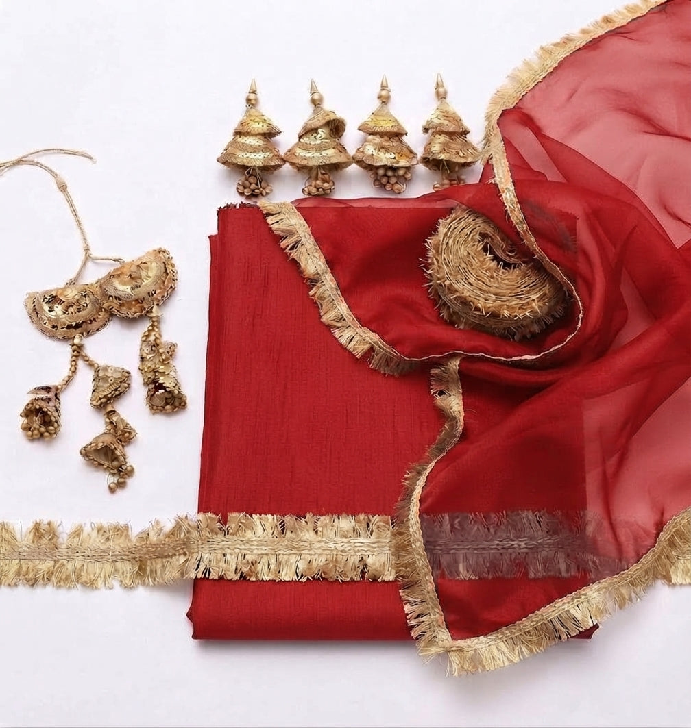 Premium Rawsilk Shirt & Shalwar with premium Orgenza Dupatta Red