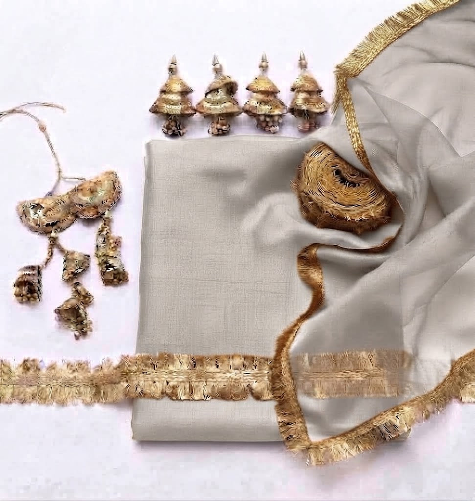 Premium Rawsilk Shirt & Shalwar with premium Orgenza Dupatta Gray